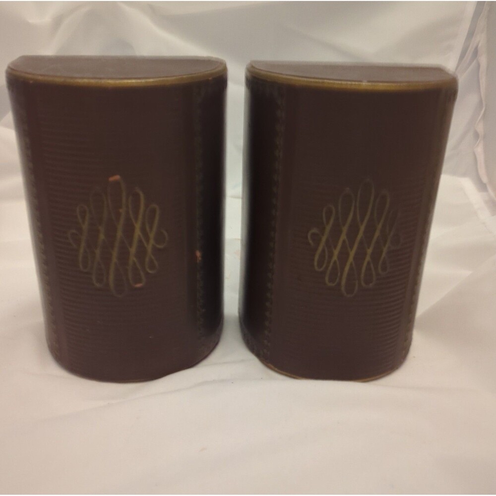 Vtg Brown Leather Tooled Half Circle Gold Trim Bookends MCM 6” Tall Felt Bottom